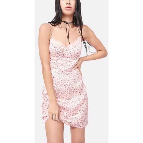 Cotton Candy Satin Dress Size Small Mini Pink Floral Lace Up Back - Picture 1 of 9